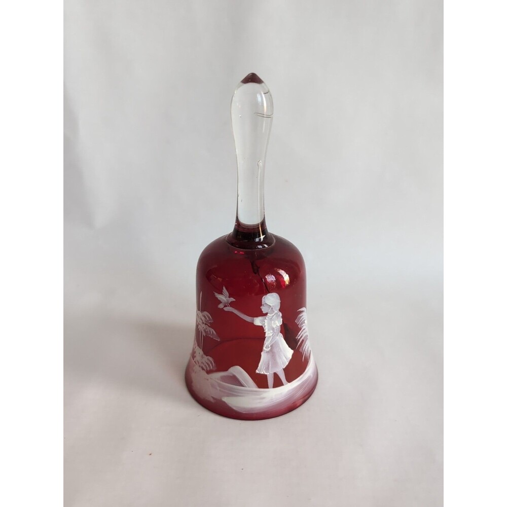 Vtg Mary Gregory Hand Painted Bohemia Glass Bell Girl with Bird Ruby Red